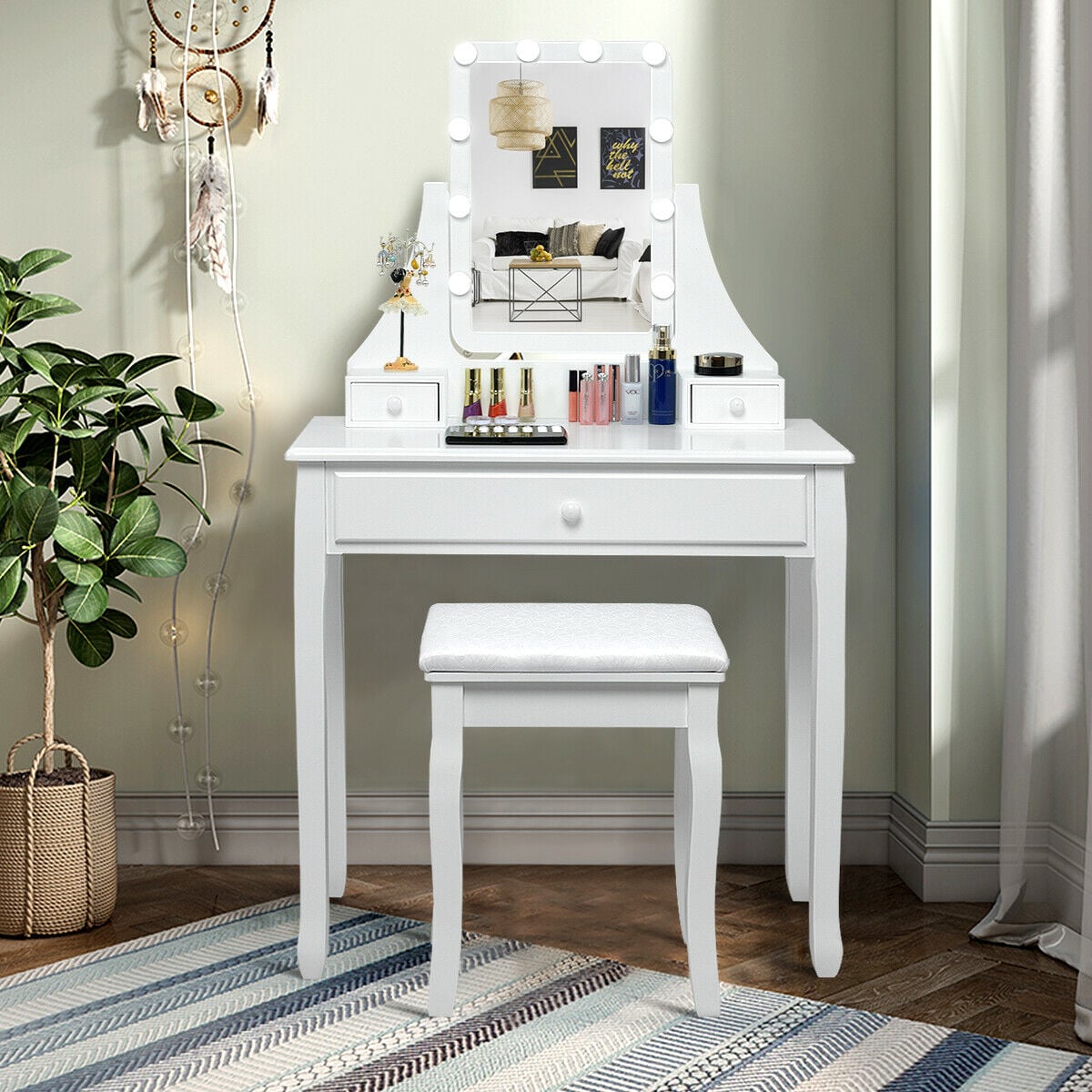 10 LED Lighted Mirror and 3 Drawers Vanity Table Set-White-Makeup Vanities-DECOROLALA