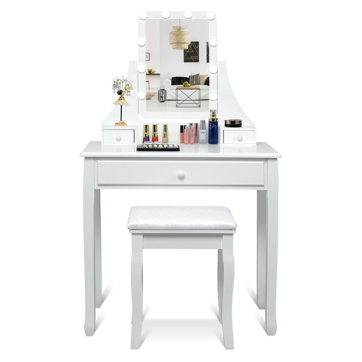 10 LED Lighted Mirror and 3 Drawers Vanity Table Set-White-Makeup Vanities-DECOROLALA