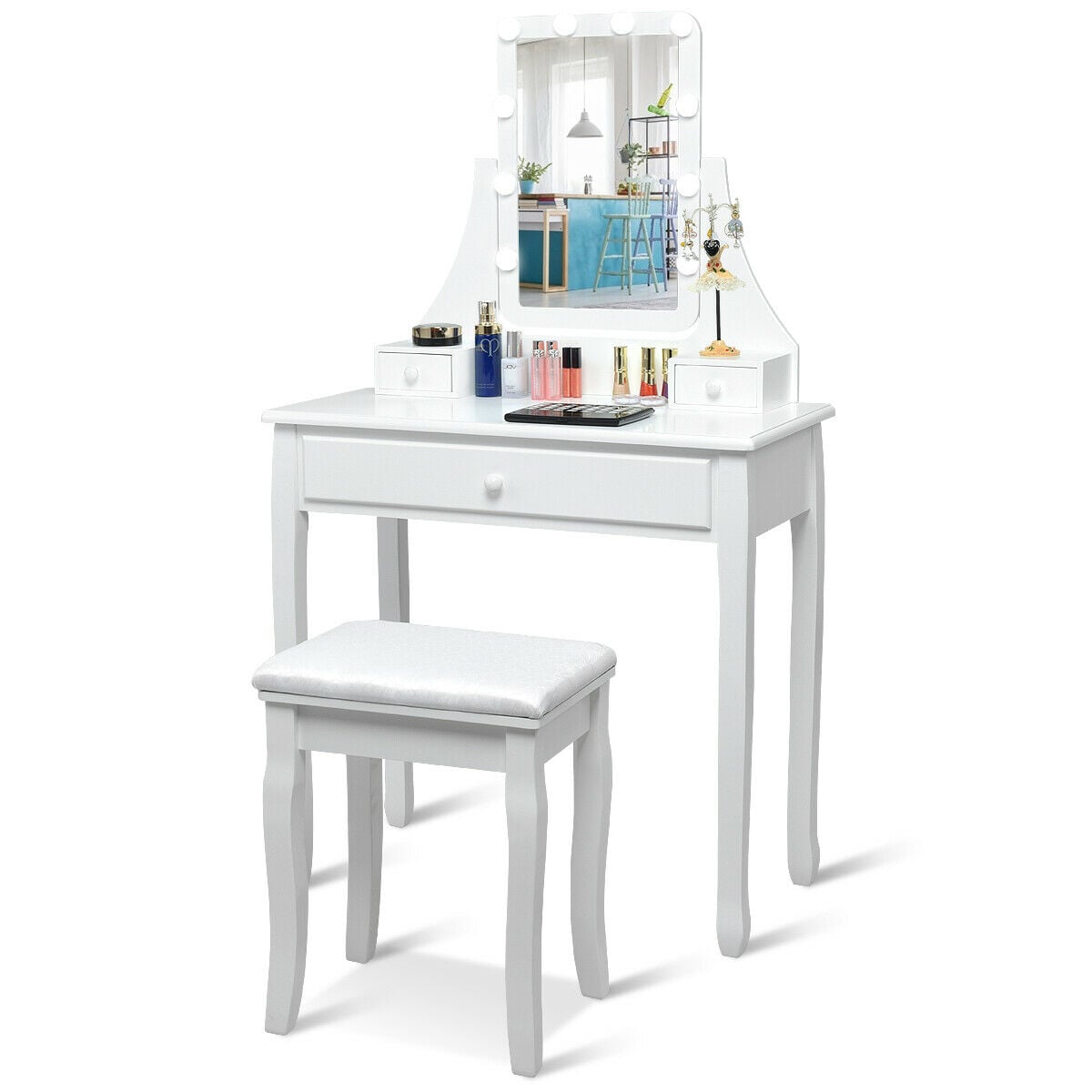 10 LED Lighted Mirror and 3 Drawers Vanity Table Set-White-Makeup Vanities-DECOROLALA
