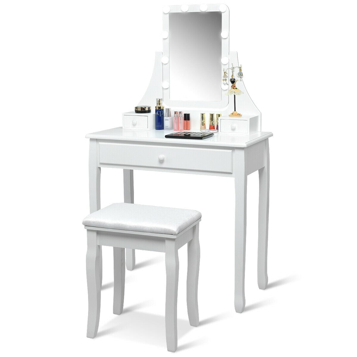 10 LED Lighted Mirror and 3 Drawers Vanity Table Set-White-Makeup Vanities-DECOROLALA