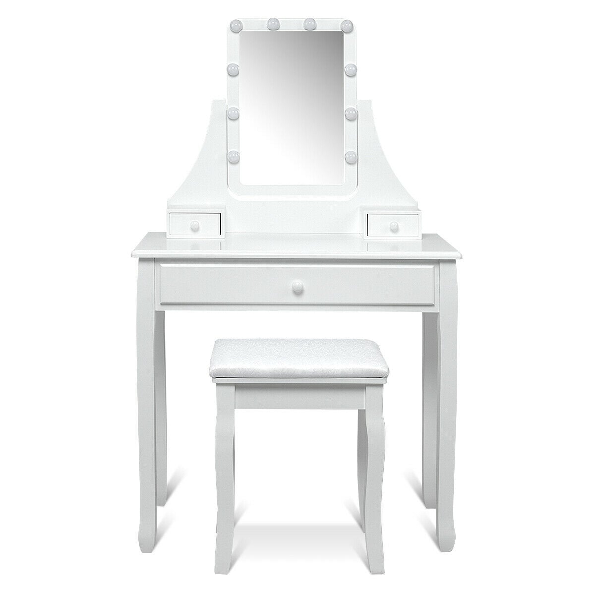 10 LED Lighted Mirror and 3 Drawers Vanity Table Set-White-Makeup Vanities-DECOROLALA