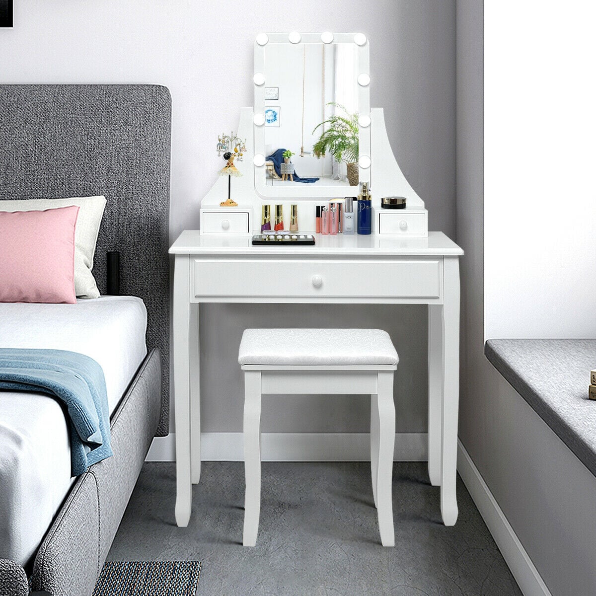 10 LED Lighted Mirror and 3 Drawers Vanity Table Set-White-Makeup Vanities-DECOROLALA