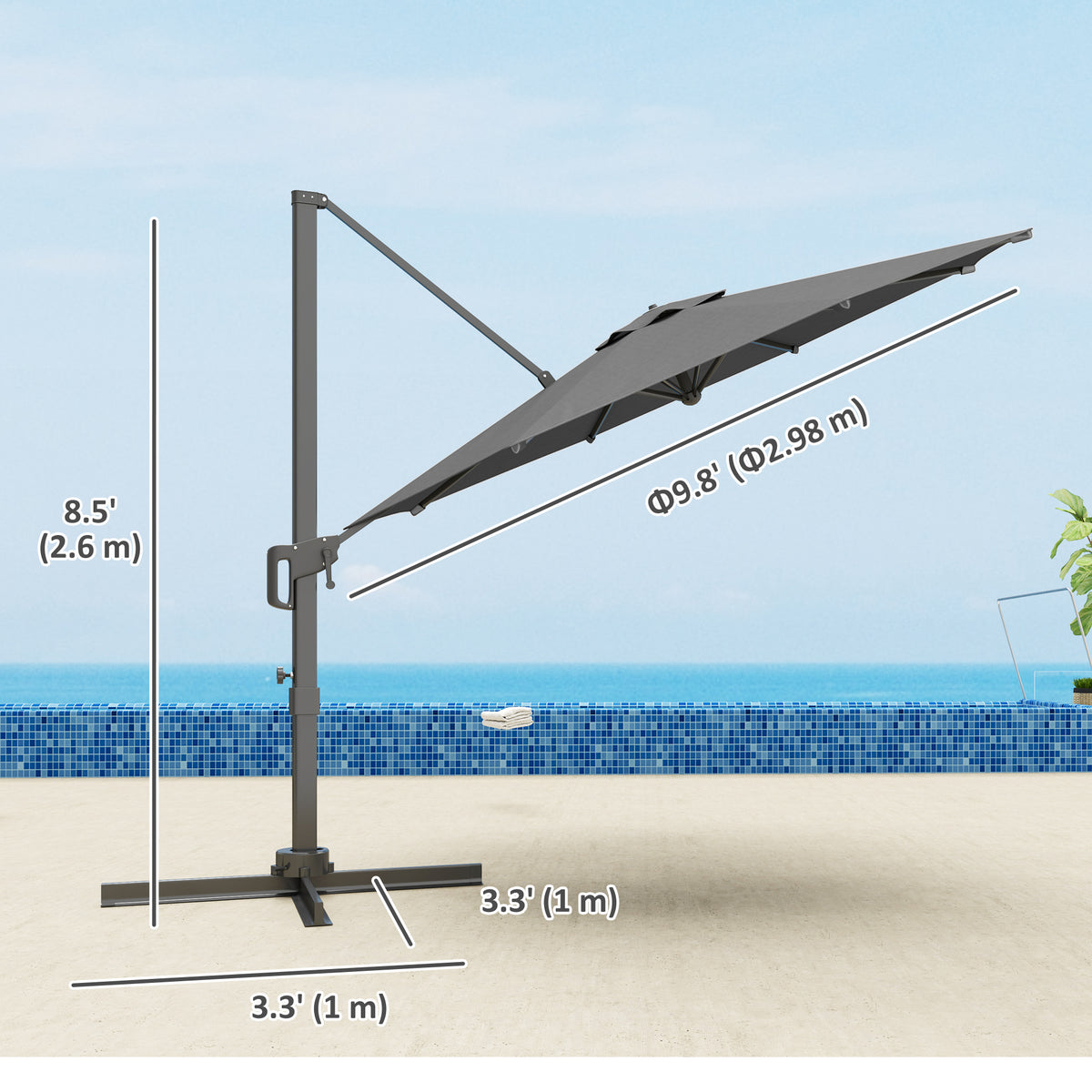 10' Offset Patio Umbrella - Grey, 360¡ Rotation & Tilt Adjustment-Half-Round Patio Umbrellas-DECOROLALA