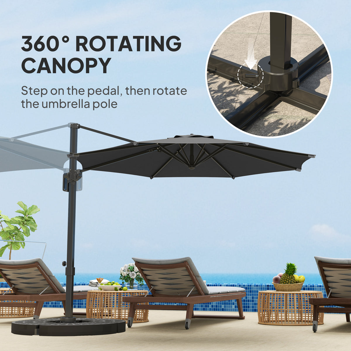 10' Offset Patio Umbrella - Grey, 360¡ Rotation & Tilt Adjustment-Half-Round Patio Umbrellas-DECOROLALA