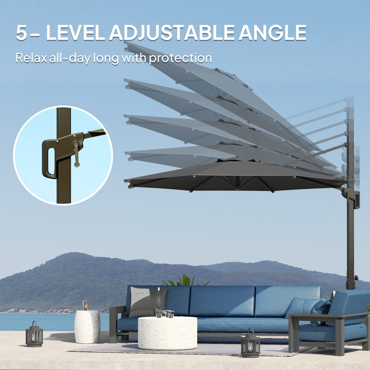 10' Offset Patio Umbrella - Grey, 360¡ Rotation & Tilt Adjustment-Half-Round Patio Umbrellas-DECOROLALA