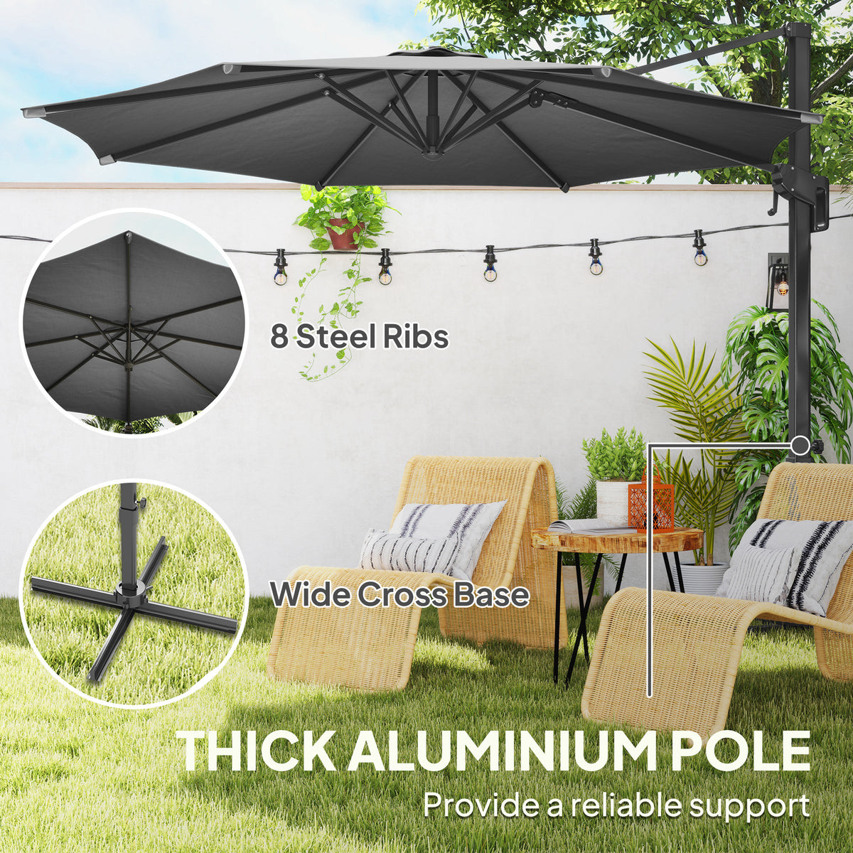 10' Offset Patio Umbrella - Grey, 360¡ Rotation & Tilt Adjustment-Half-Round Patio Umbrellas-DECOROLALA
