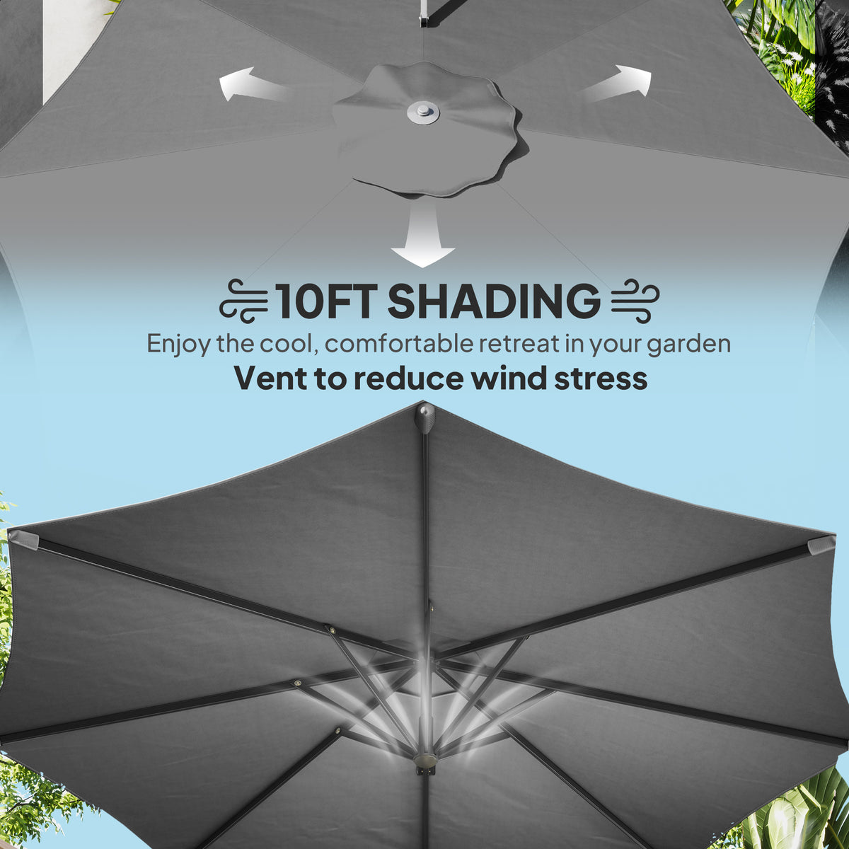 10' Offset Patio Umbrella - Grey, 360¡ Rotation & Tilt Adjustment-Half-Round Patio Umbrellas-DECOROLALA