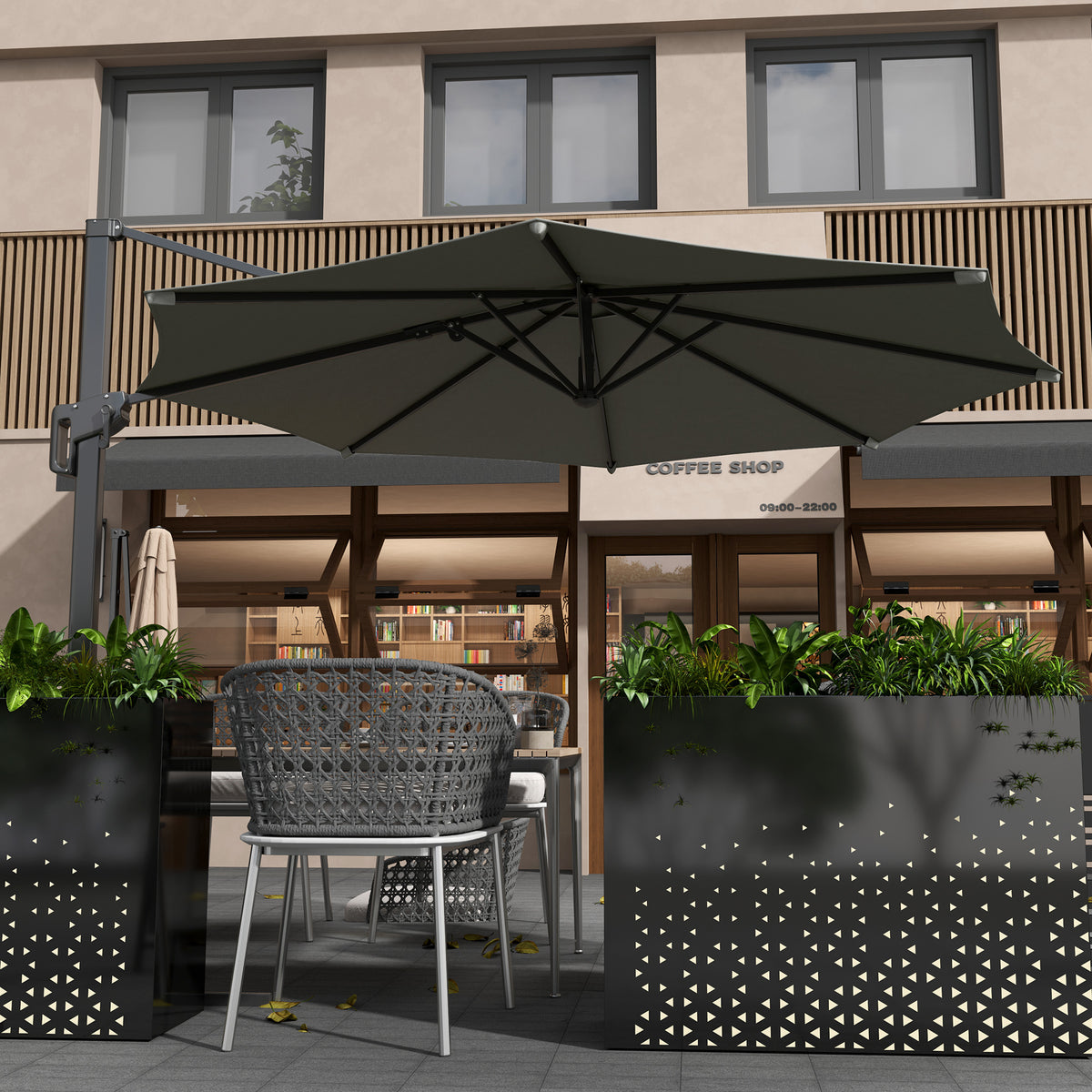 10' Offset Patio Umbrella - Grey, 360¡ Rotation & Tilt Adjustment-Half-Round Patio Umbrellas-DECOROLALA