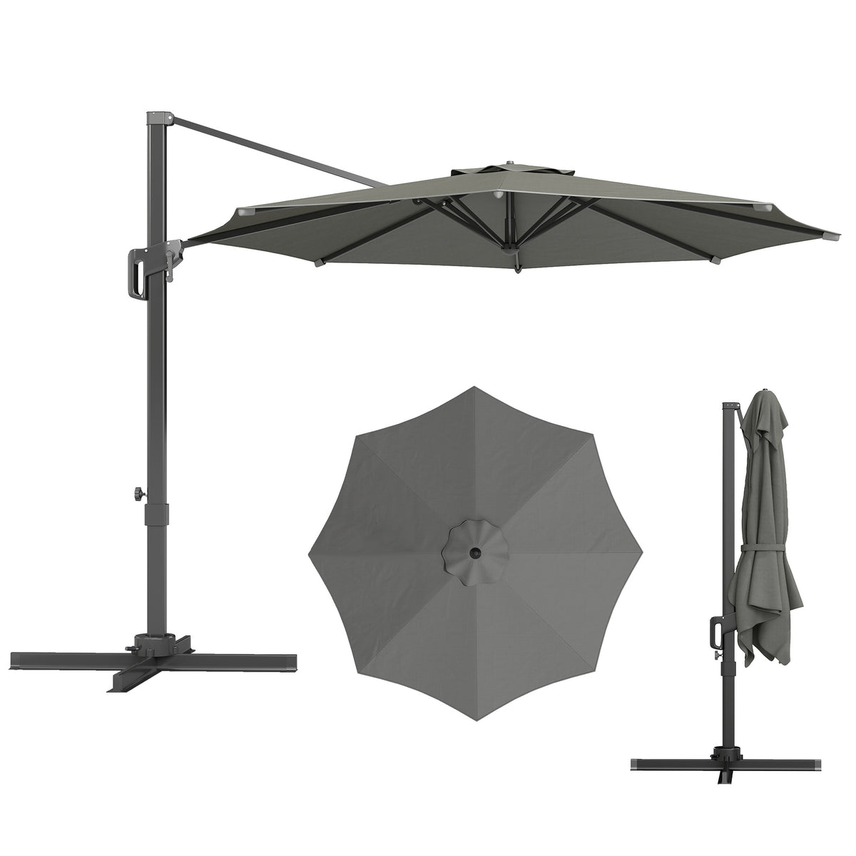 10' Offset Patio Umbrella - Grey, 360¡ Rotation & Tilt Adjustment-Half-Round Patio Umbrellas-DECOROLALA