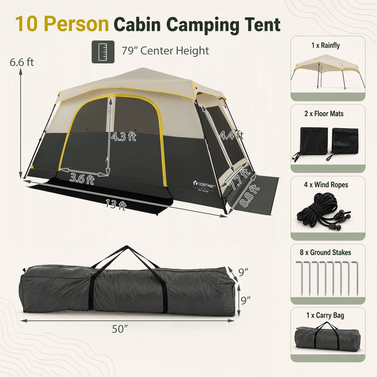 10 Person Instant Cabin Camping Tent with Rainfly 13 ft x 9 ft Portable Large Family Tent-Beige-Tents-DECOROLALA
