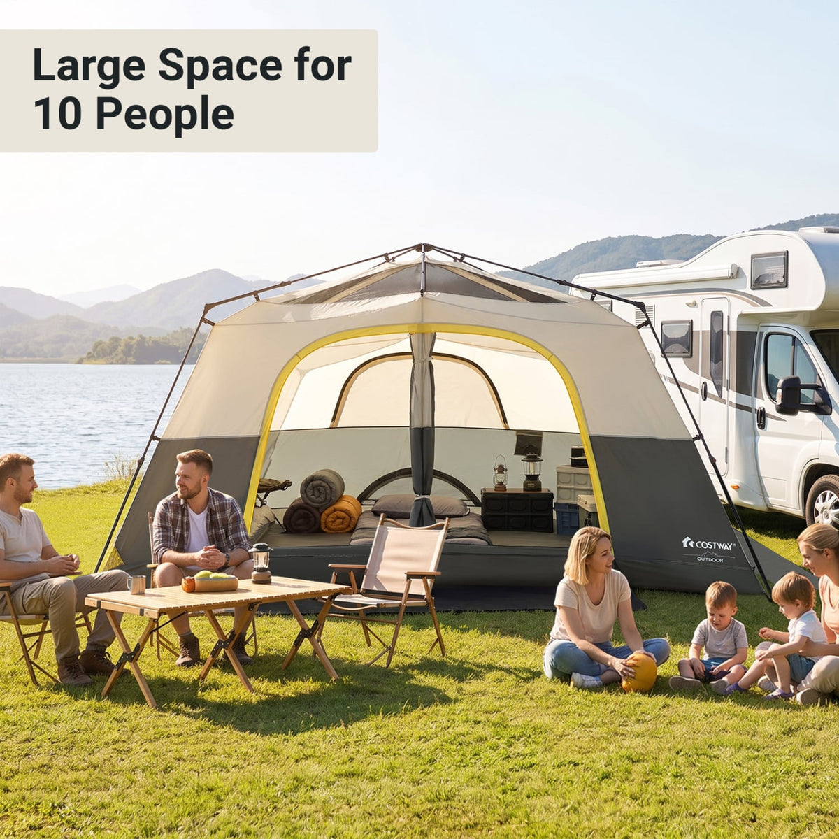 10 Person Instant Cabin Camping Tent with Rainfly 13 ft x 9 ft Portable Large Family Tent-Beige-Tents-DECOROLALA