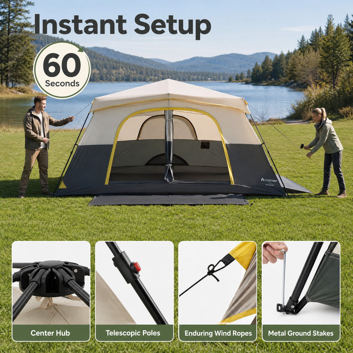 10 Person Instant Cabin Camping Tent with Rainfly 13 ft x 9 ft Portable Large Family Tent-Beige-Tents-DECOROLALA