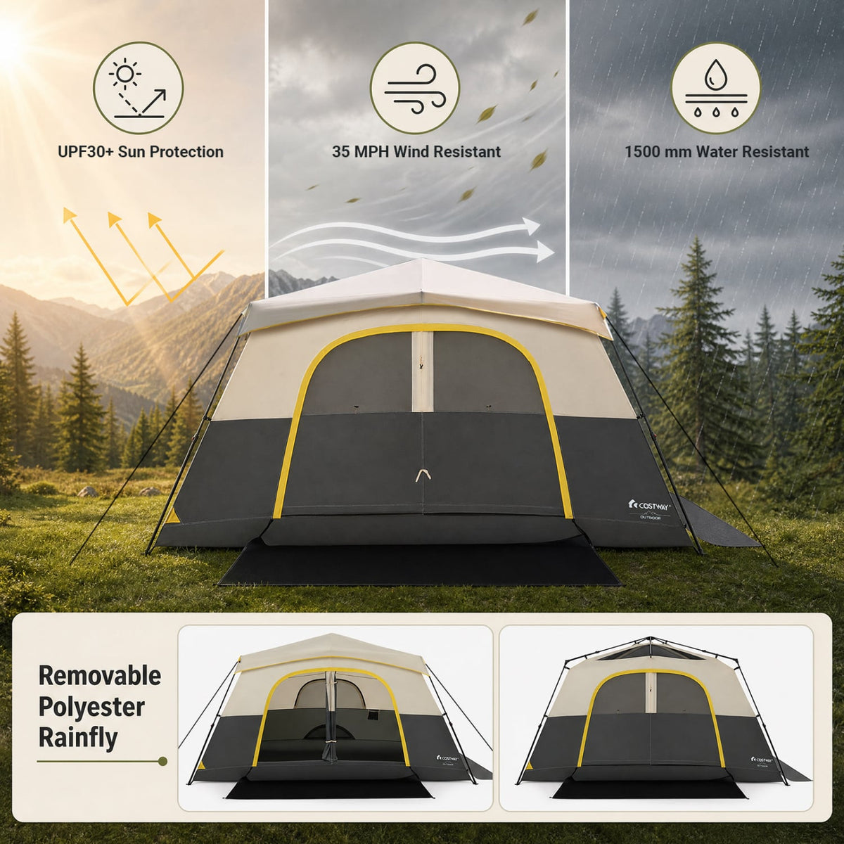 10 Person Instant Cabin Camping Tent with Rainfly 13 ft x 9 ft Portable Large Family Tent-Beige-Tents-DECOROLALA