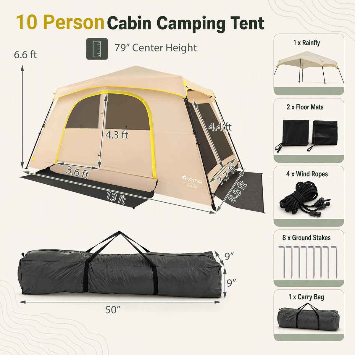 10 Person Instant Cabin Camping Tent with Rainfly 13 ft x 9 ft Portable Large Family Tent-Coffee-Tents-DECOROLALA
