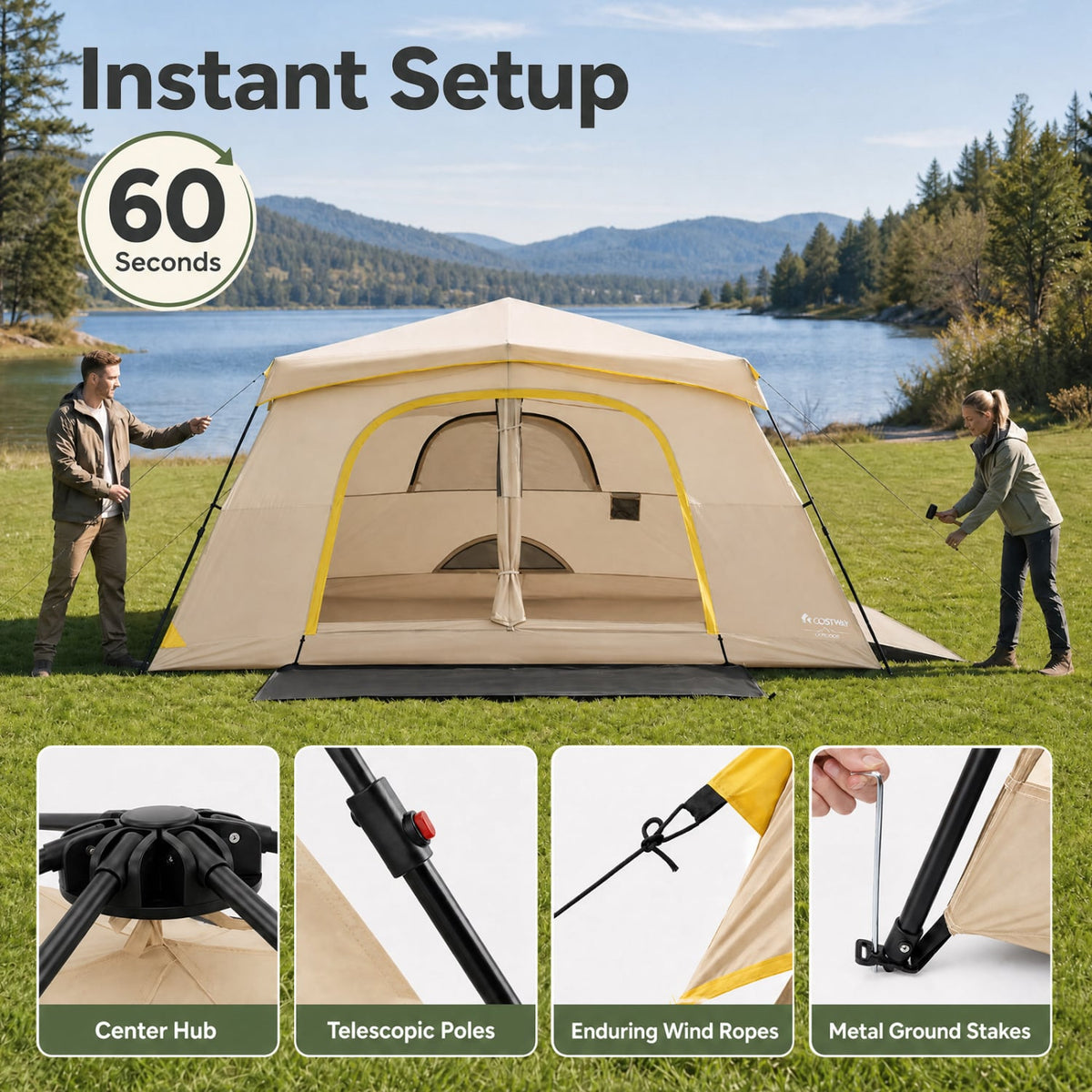 10 Person Instant Cabin Camping Tent with Rainfly 13 ft x 9 ft Portable Large Family Tent-Coffee-Tents-DECOROLALA