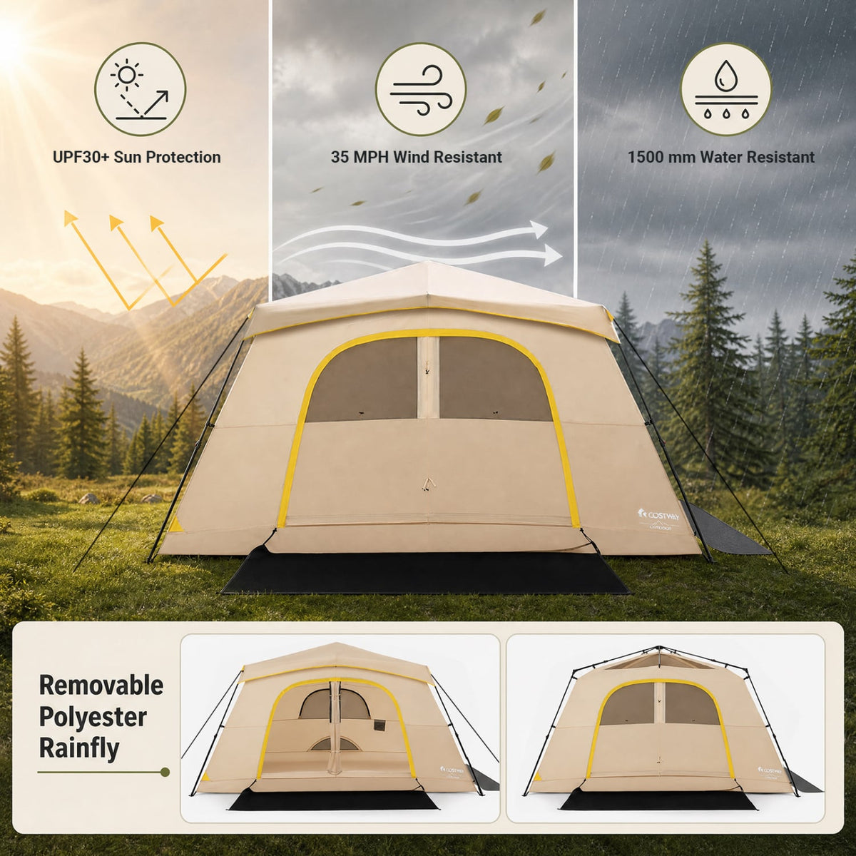 10 Person Instant Cabin Camping Tent with Rainfly 13 ft x 9 ft Portable Large Family Tent-Coffee-Tents-DECOROLALA
