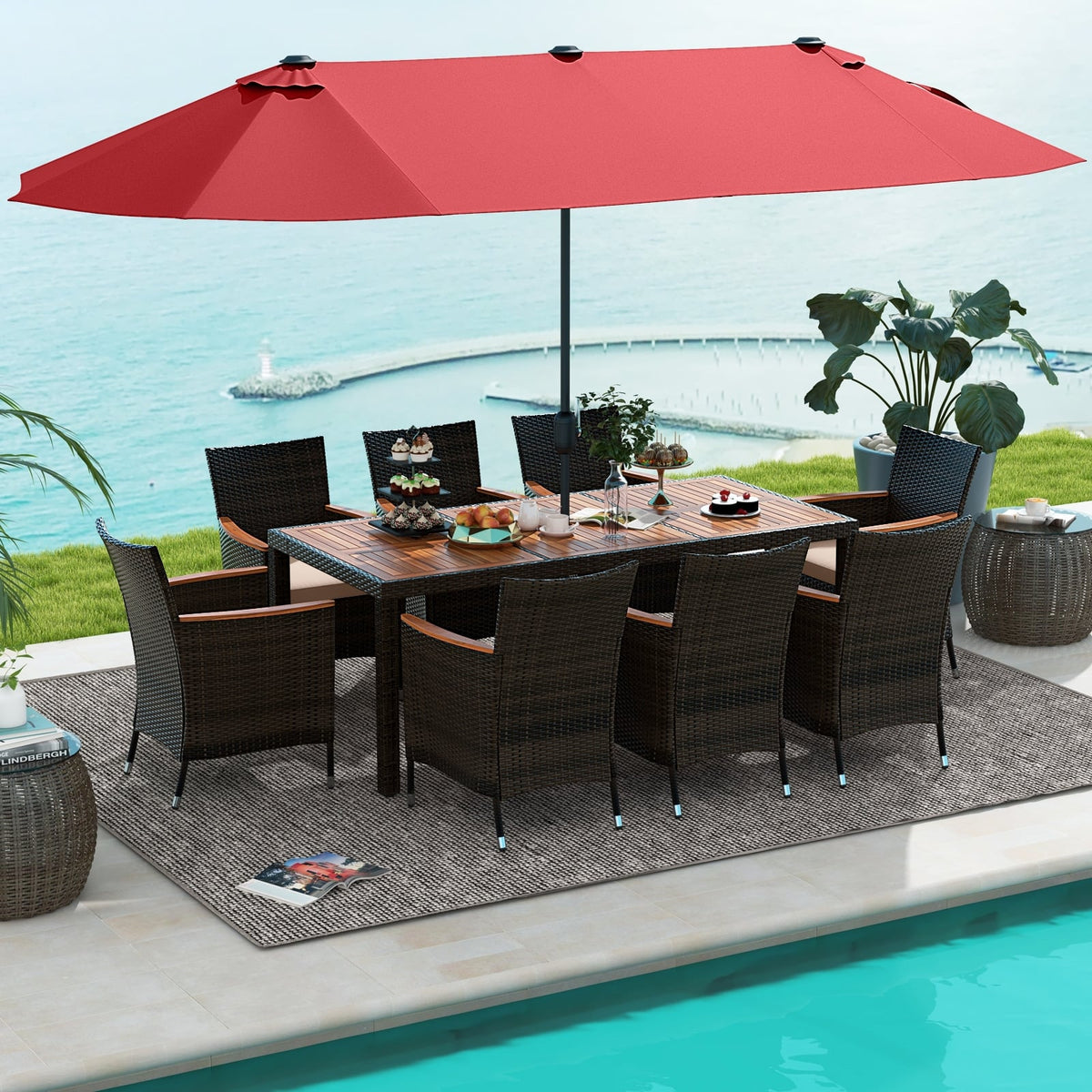 10 Piece Outdoor Dining Set with 15 Feet Double-Sided Twin Patio Umbrella-Red-Patio Dining Sets-DECOROLALA