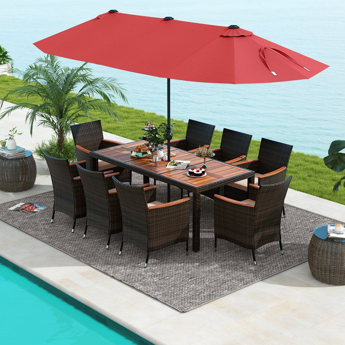 10 Piece Outdoor Dining Set with 15 Feet Double-Sided Twin Patio Umbrella-Red-Patio Dining Sets-DECOROLALA