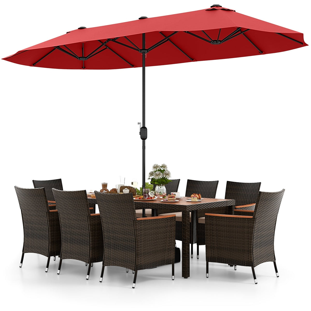 10 Piece Outdoor Dining Set with 15 Feet Double-Sided Twin Patio Umbrella-Red-Patio Dining Sets-DECOROLALA