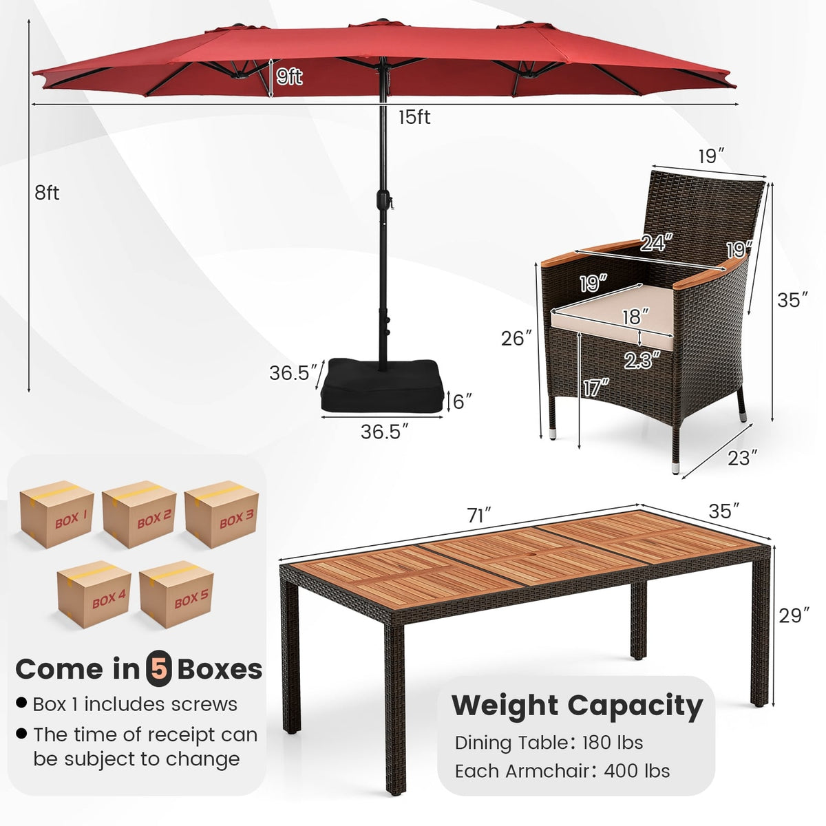 10 Piece Outdoor Dining Set with 15 Feet Double-Sided Twin Patio Umbrella-Red-Patio Dining Sets-DECOROLALA