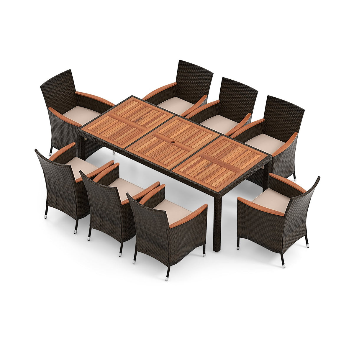 10 Piece Outdoor Dining Set with 15 Feet Double-Sided Twin Patio Umbrella-Red-Patio Dining Sets-DECOROLALA