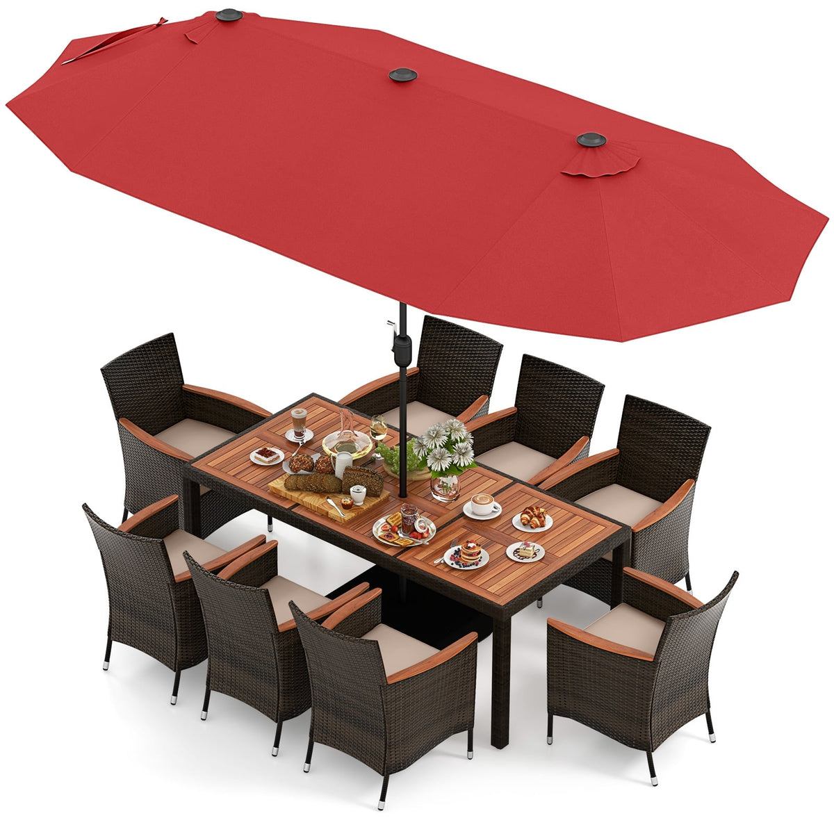 10 Piece Outdoor Dining Set with 15 Feet Double-Sided Twin Patio Umbrella-Red-Patio Dining Sets-DECOROLALA