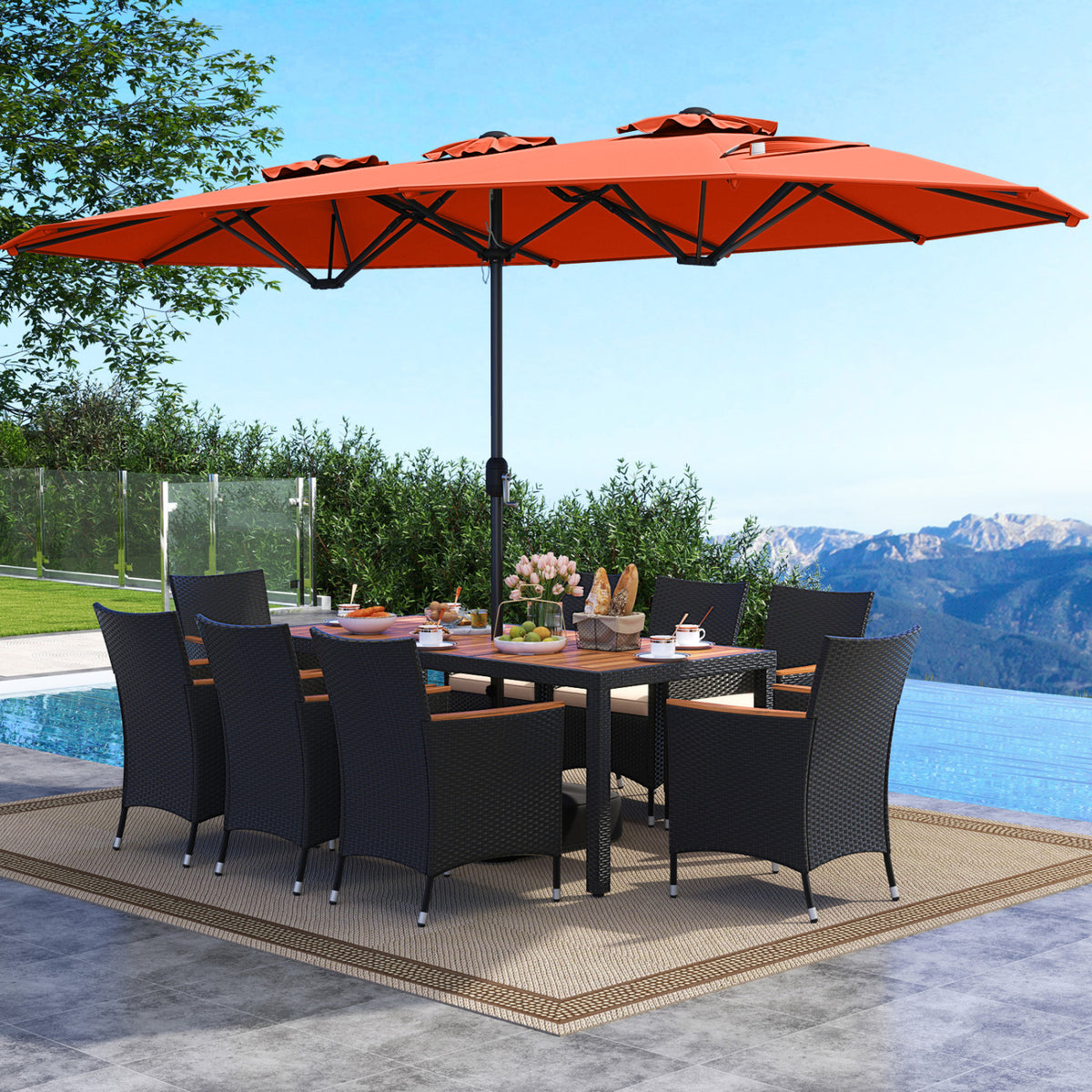 10 Piece Outdoor Dining Set with 15 Feet Double-Sided Twin Umbrella-Orange-Patio Dining Sets-DECOROLALA