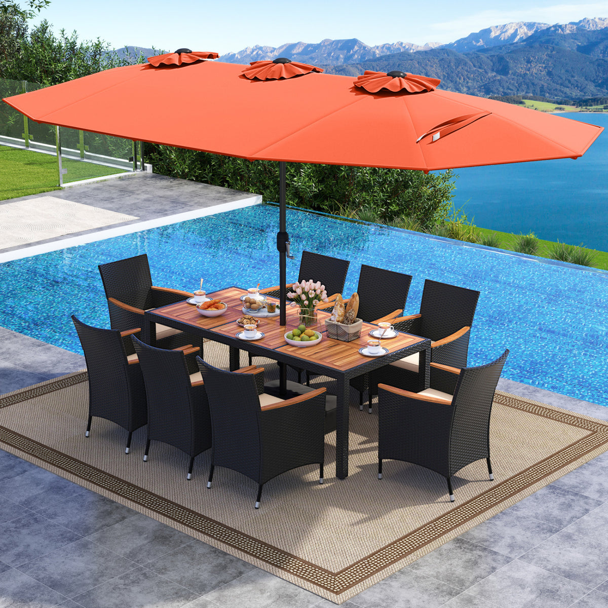 10 Piece Outdoor Dining Set with 15 Feet Double-Sided Twin Umbrella-Orange-Patio Dining Sets-DECOROLALA