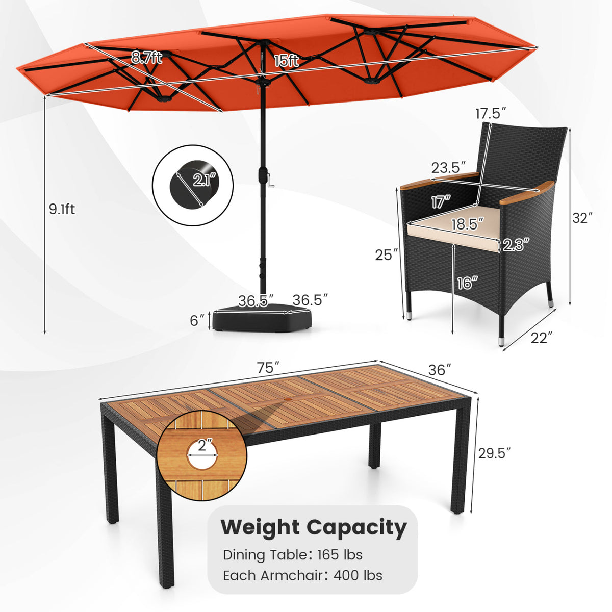10 Piece Outdoor Dining Set with 15 Feet Double-Sided Twin Umbrella-Orange-Patio Dining Sets-DECOROLALA