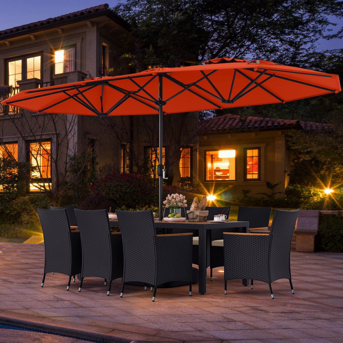 10 Piece Outdoor Dining Set with 15 Feet Double-Sided Twin Umbrella-Orange-Patio Dining Sets-DECOROLALA