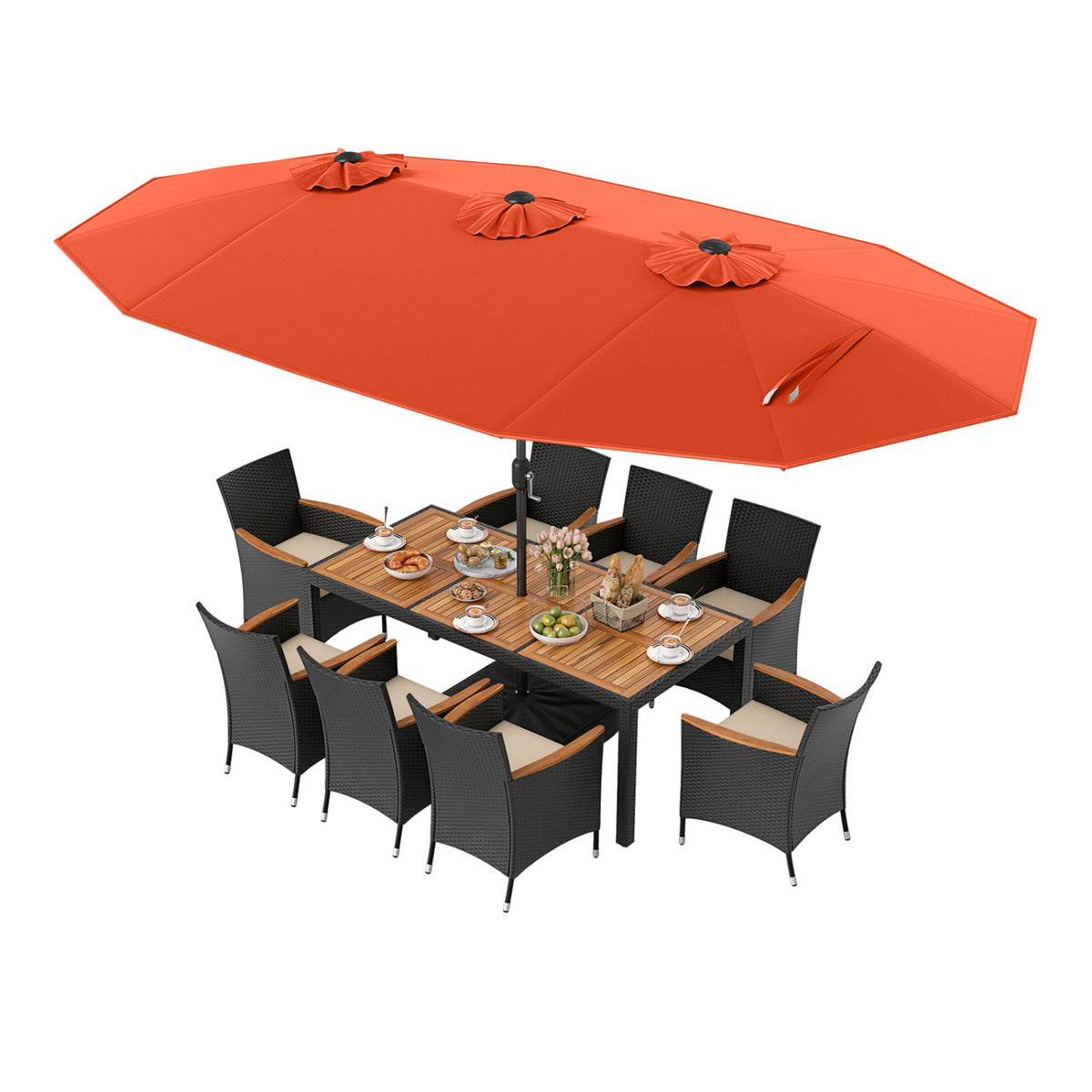 10 Piece Outdoor Dining Set with 15 Feet Double-Sided Twin Umbrella-Orange-Patio Dining Sets-DECOROLALA