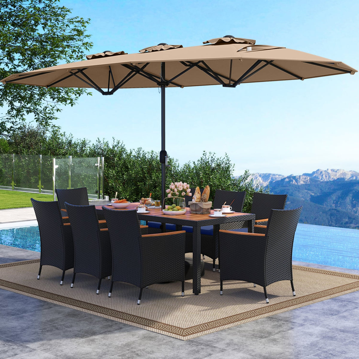 10 Piece Outdoor Patio Dining Set with 15 Feet Double-Sided Twin Umbrella-Brown-Patio Furniture Sets-DECOROLALA