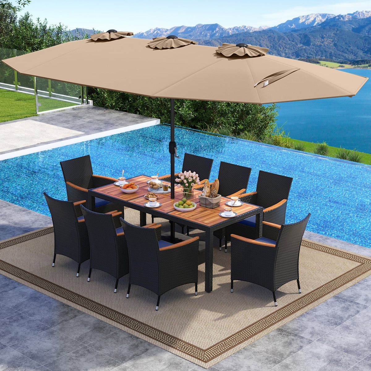 10 Piece Outdoor Patio Dining Set with 15 Feet Double-Sided Twin Umbrella-Brown-Patio Furniture Sets-DECOROLALA