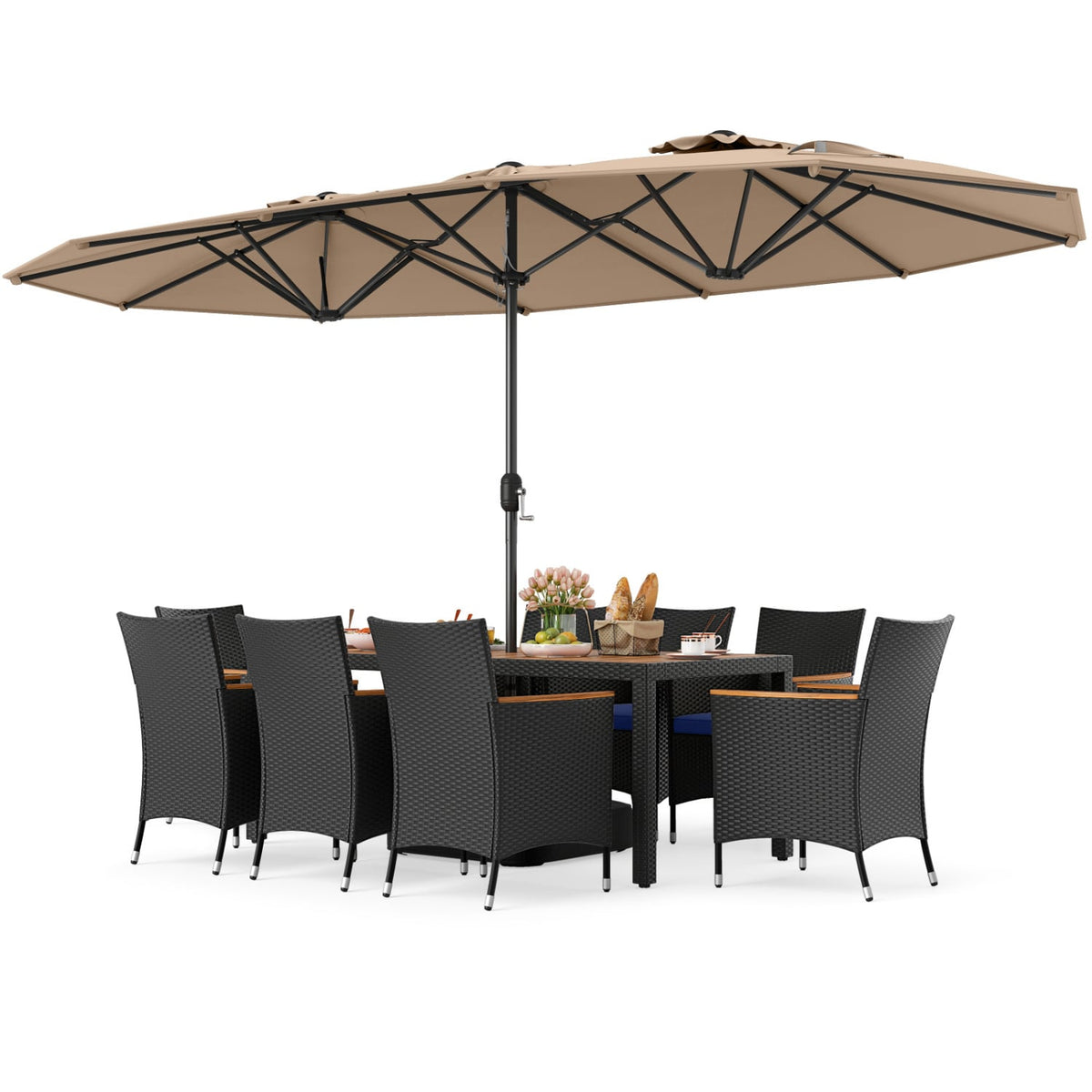 10 Piece Outdoor Patio Dining Set with 15 Feet Double-Sided Twin Umbrella-Brown-Patio Furniture Sets-DECOROLALA