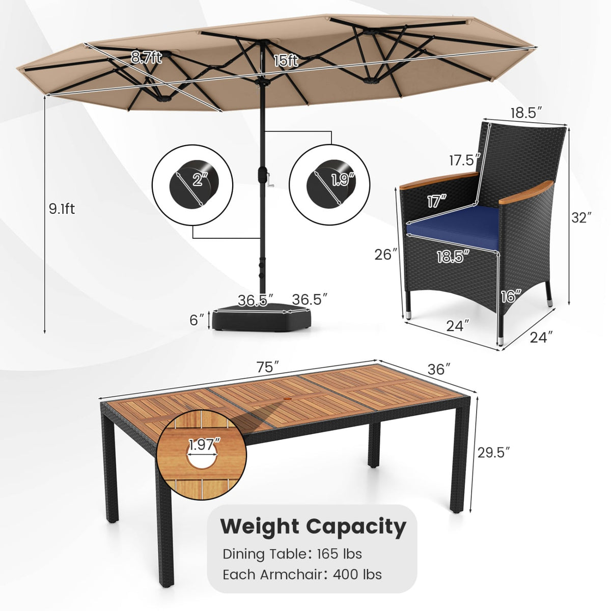 10 Piece Outdoor Patio Dining Set with 15 Feet Double-Sided Twin Umbrella-Brown-Patio Furniture Sets-DECOROLALA