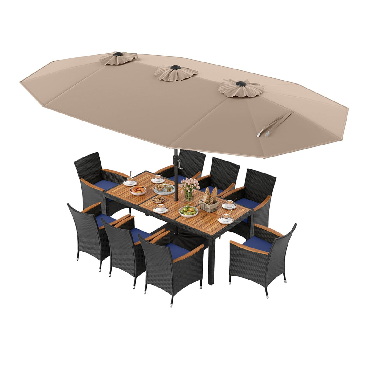 10 Piece Outdoor Patio Dining Set with 15 Feet Double-Sided Twin Umbrella-Brown-Patio Furniture Sets-DECOROLALA