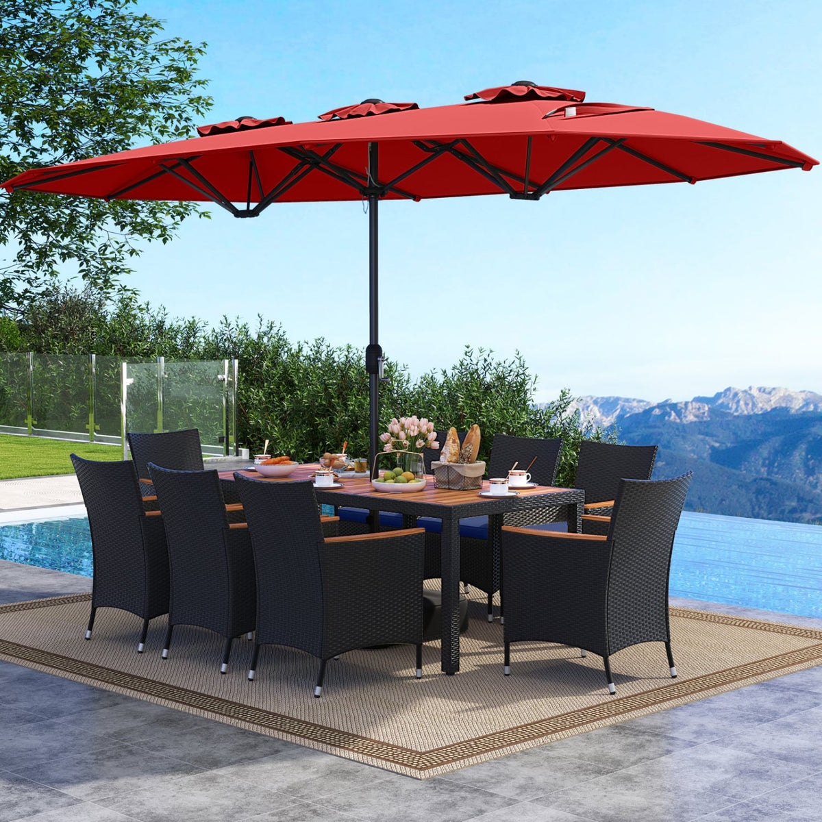 10 Piece Outdoor Patio Dining Set with 15 Feet Double-Sided Twin Umbrella-Red-Patio Furniture Sets-DECOROLALA