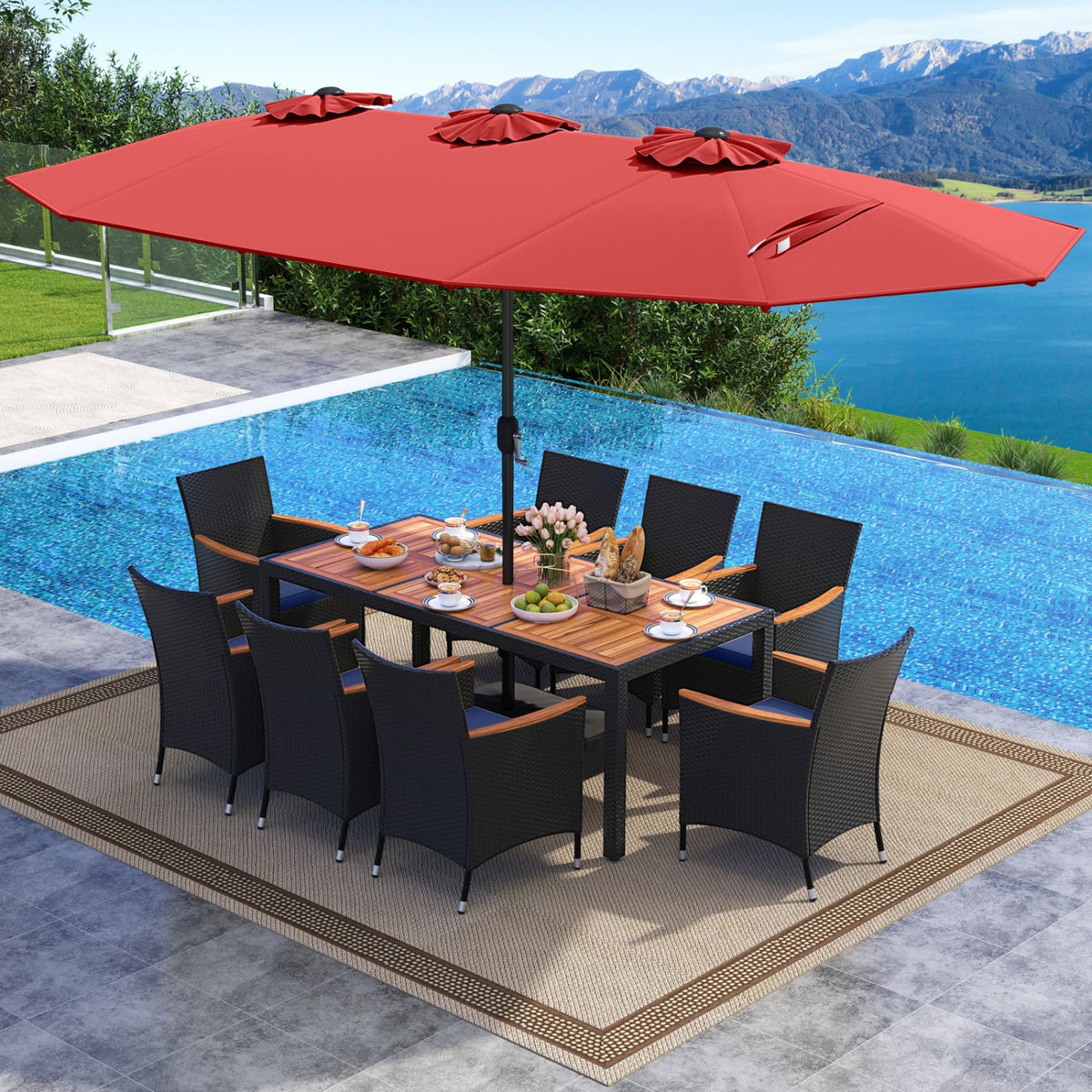 10 Piece Outdoor Patio Dining Set with 15 Feet Double-Sided Twin Umbrella-Red-Patio Furniture Sets-DECOROLALA