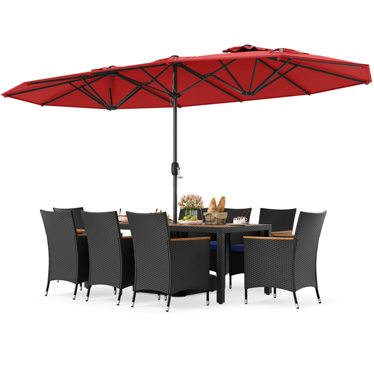 10 Piece Outdoor Patio Dining Set with 15 Feet Double-Sided Twin Umbrella-Red-Patio Furniture Sets-DECOROLALA