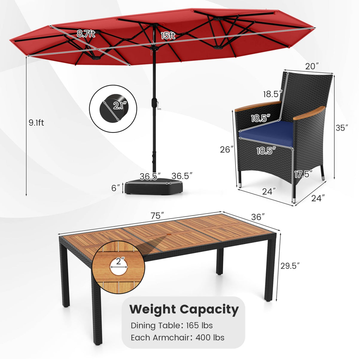 10 Piece Outdoor Patio Dining Set with 15 Feet Double-Sided Twin Umbrella-Red-Patio Furniture Sets-DECOROLALA