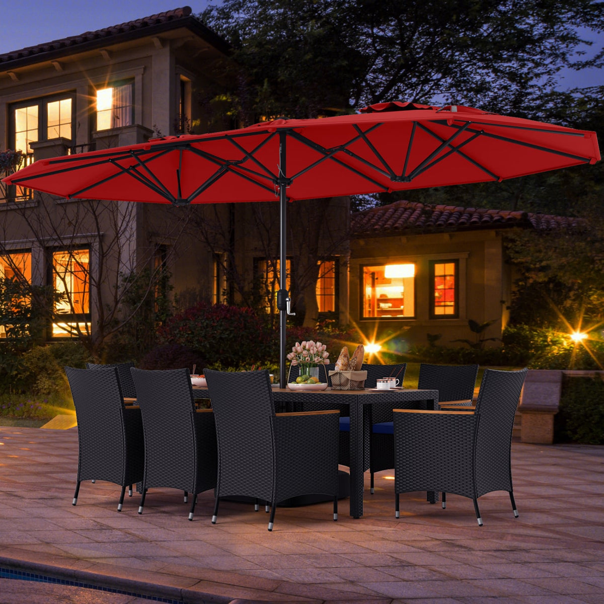 10 Piece Outdoor Patio Dining Set with 15 Feet Double-Sided Twin Umbrella-Red-Patio Furniture Sets-DECOROLALA