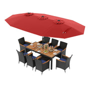 10 Piece Outdoor Patio Dining Set with 15 Feet Double-Sided Twin Umbrella-Red-Patio Furniture Sets-DECOROLALA