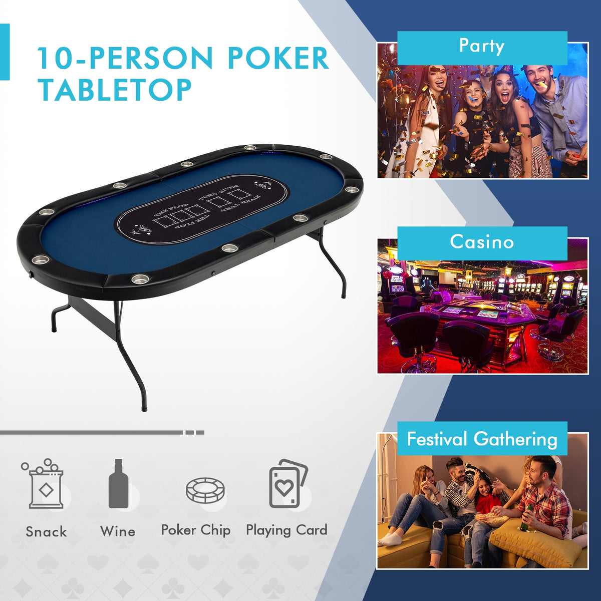 10-Player Foldable Poker Table with LED Lights and USB Ports-Game Room Products-DECOROLALA