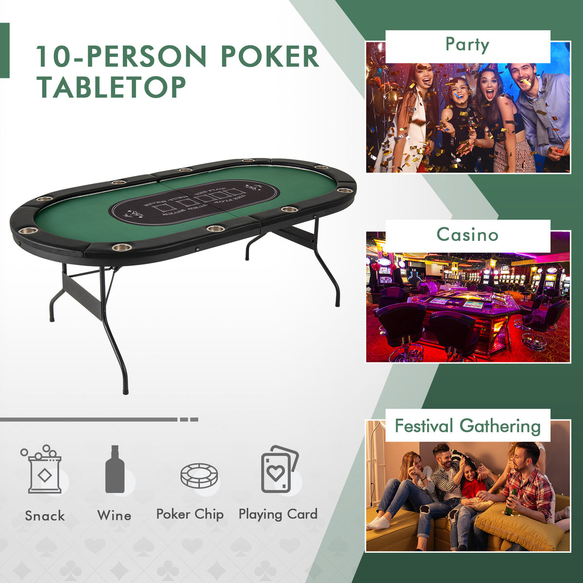 10-Player Foldable Poker Table with LED Lights and USB Ports-Game Room Products-DECOROLALA