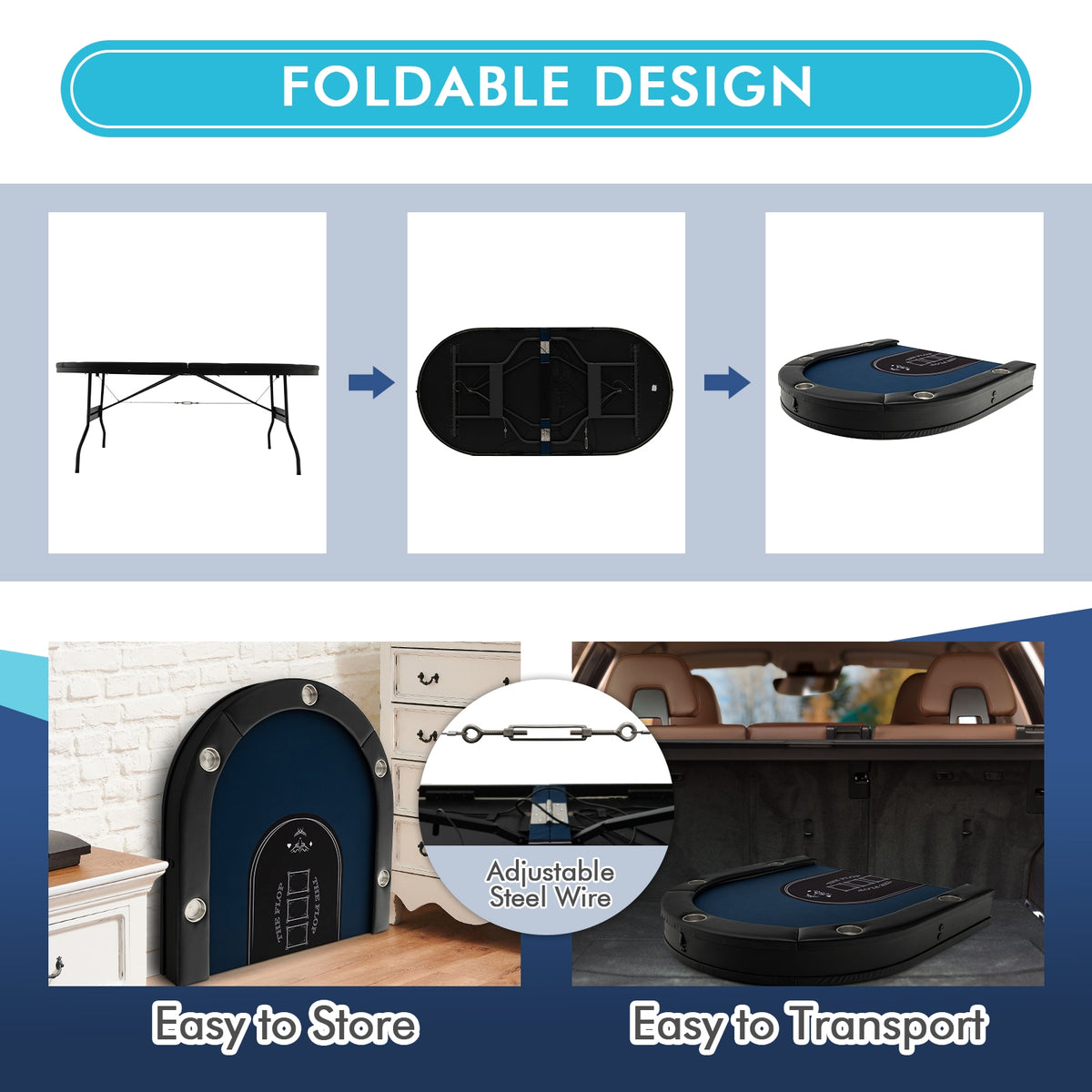 10-Player Foldable Poker Table with LED Lights and USB Ports-Game Room Products-DECOROLALA