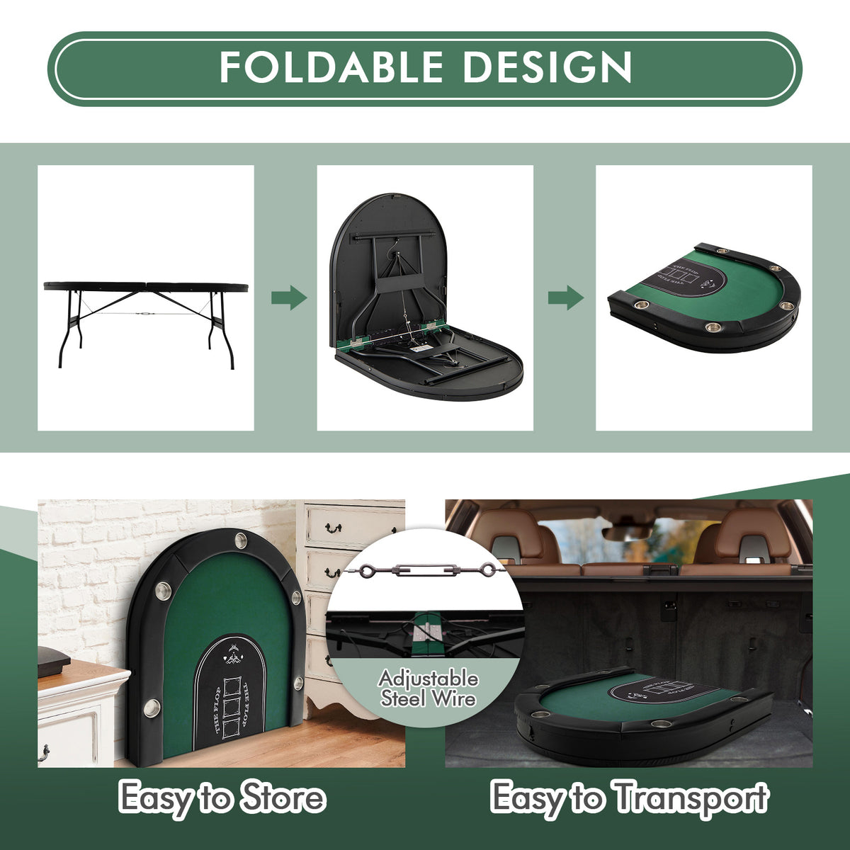 10-Player Foldable Poker Table with LED Lights and USB Ports-Game Room Products-DECOROLALA