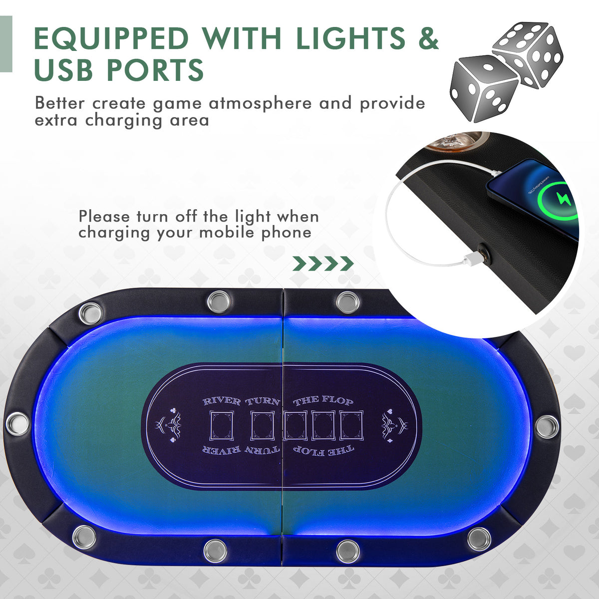 10-Player Foldable Poker Table with LED Lights and USB Ports-Game Room Products-DECOROLALA