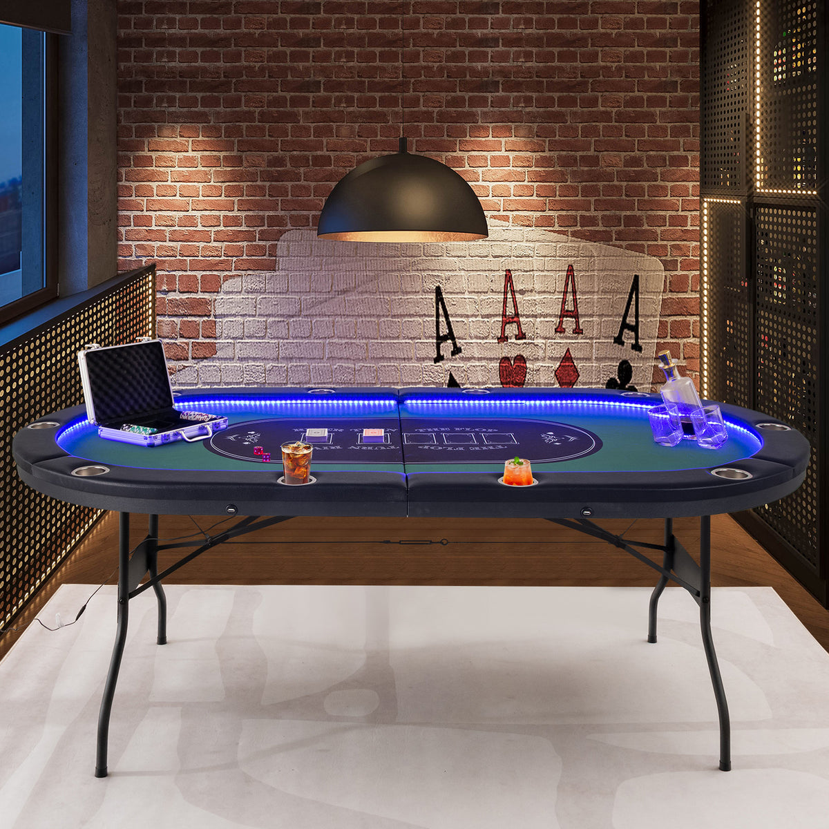 10-Player Foldable Poker Table with LED Lights and USB Ports-Game Room Products-DECOROLALA