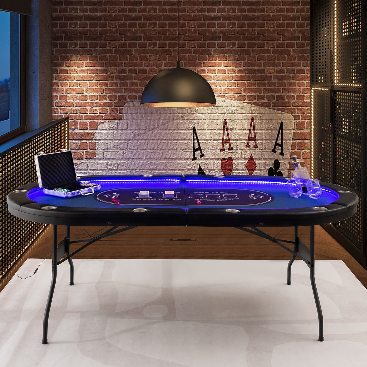 10-Player Foldable Poker Table with LED Lights and USB Ports-Game Room Products-DECOROLALA