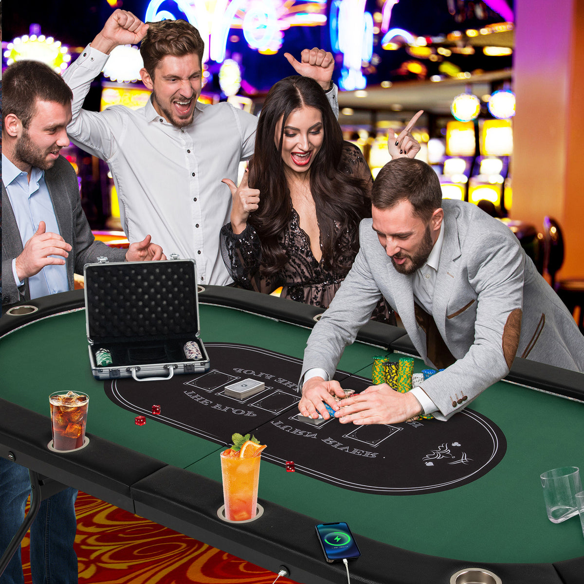 10-Player Foldable Poker Table with LED Lights and USB Ports-Game Room Products-DECOROLALA